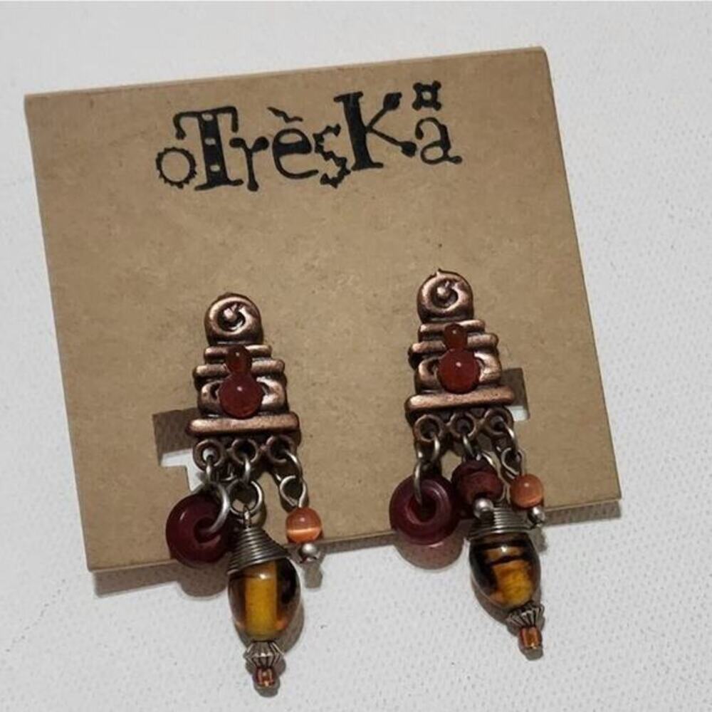 Treska Bohemian Copper Tone Beaded Dangle Clip On Earrings Amber Red‎ Orange